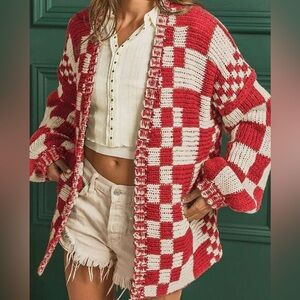 Charming Charlie Red and White Oversized Checkered Women's Sweater